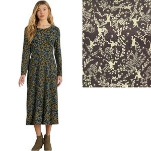 Madeline Jersey Long-Sleeve Floral Monkey Print Midi Dress in Olive & Green